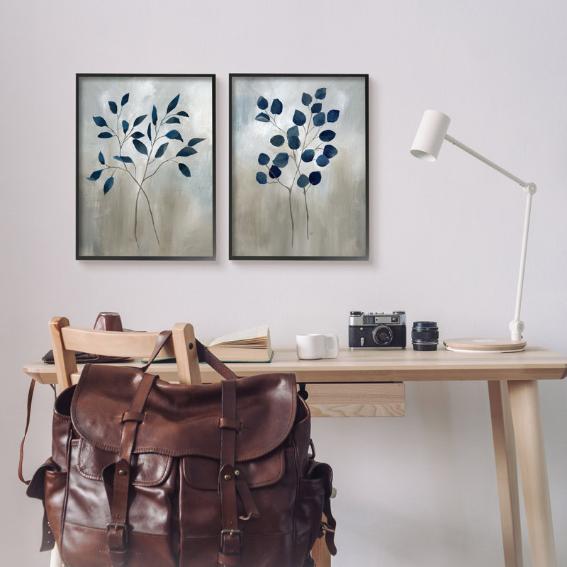 Branches botaniques grises 2 pièces par Nan, H 20 po x l 16 po x P 1,5 po, Giclée encadrée noir minuit