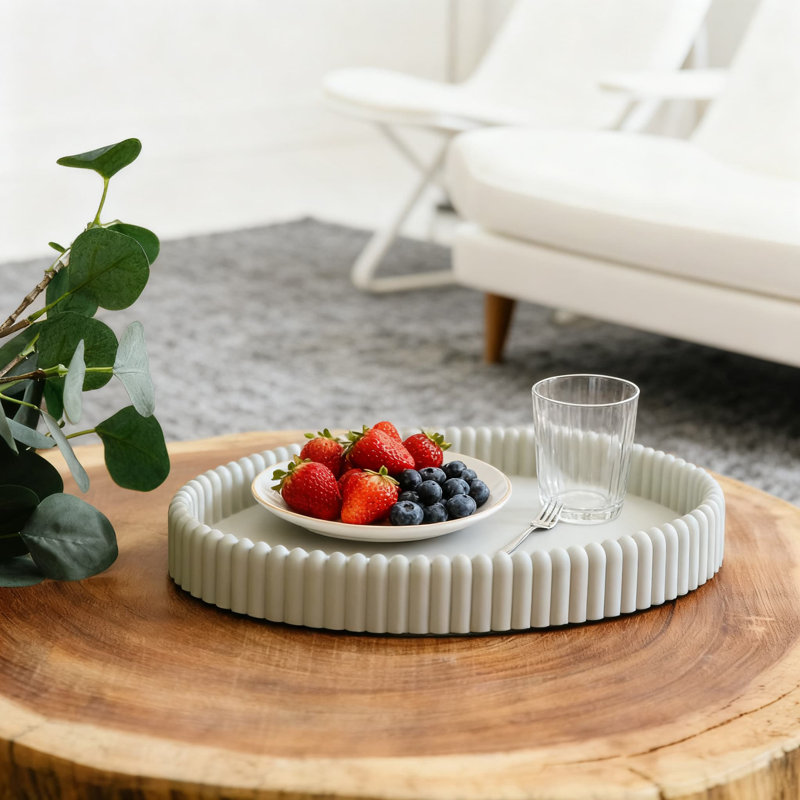 Scalloped Concrete Tray For Home Decor, Modern Oval Centerpiece Tray For Coffee Table, Living Room, And Kitchen, Gray
