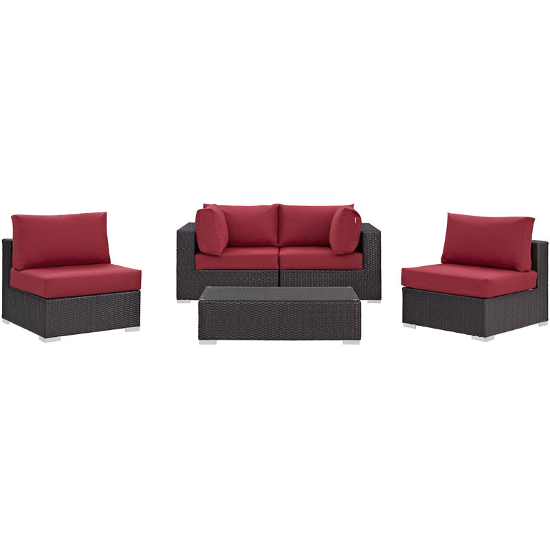 Modway Convene Wicker Rattan 5-Piece Outdoor Patio Furniture Set, Red