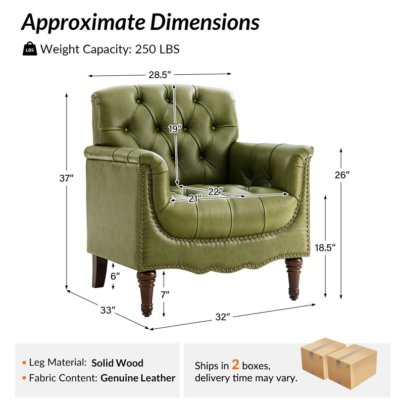 Fauteuil en cuir véritable capitonné l 32 po Orme, Olive