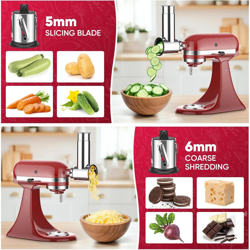 Gvode Cheese Grater & Slicer Shredder Attachment, Compatible with KitchenAid®, All Steel, 4 Blades