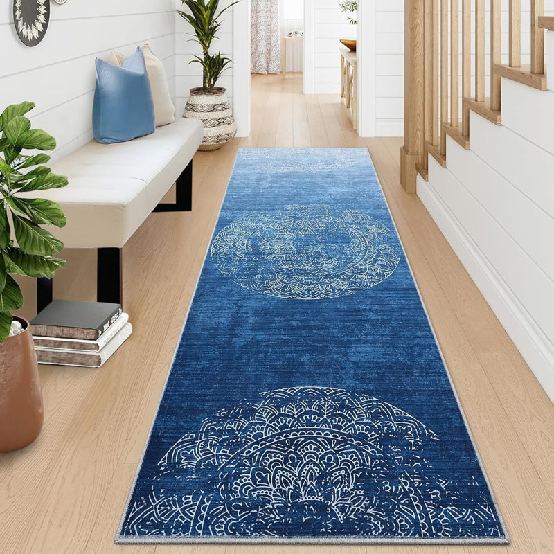 2x6 Washable Runner Rug, Vintage Ombre Non-Slip Kitchen Carpet, Low Pile, Soft Medallion Boho Design for Hallway, Entryway, Grey