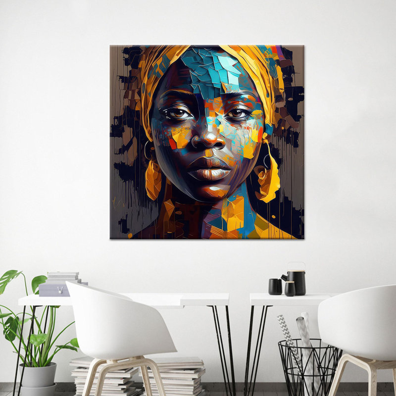 Art d'une femme africaine: Œuvre imprimée sur toile jaune vif pour décoration des Fêtes, toile tendue 1P