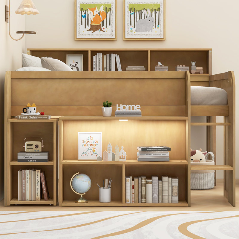 Loft Bed With Desk, Led And Multiple Shelves, Walnut