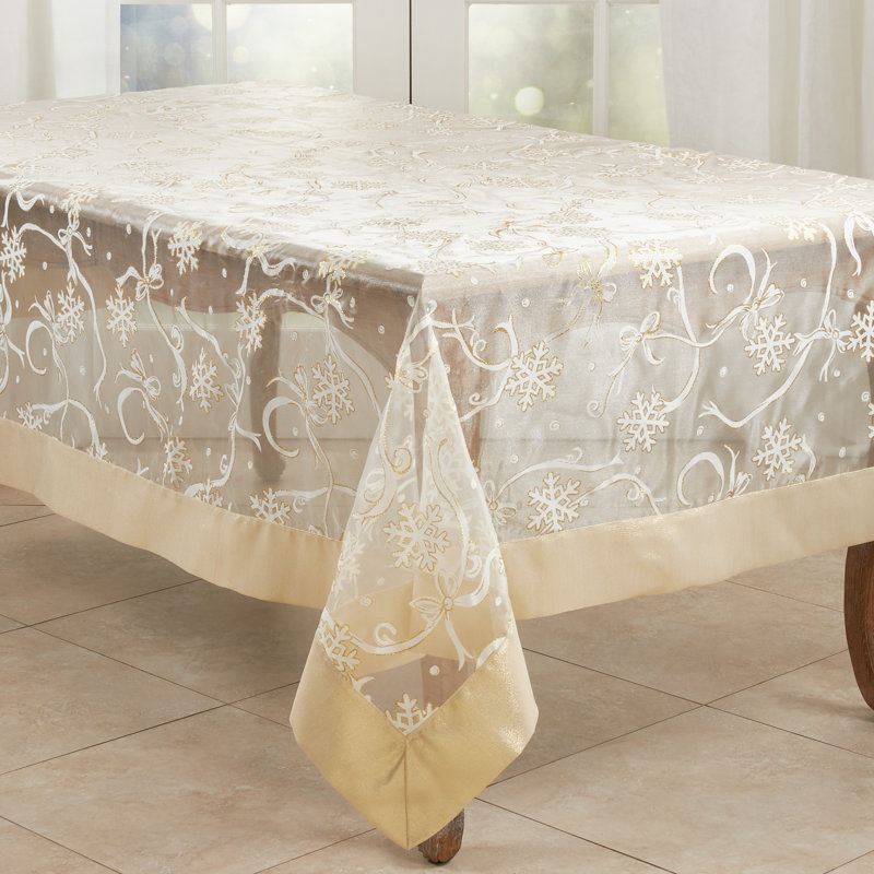 Rectangular_Snowflake And Ribbon Design Printed Tablecloth, 104" L x 65" W