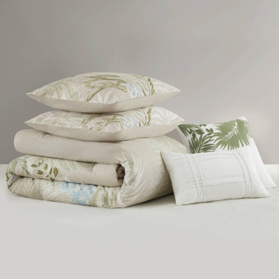 -piece Cotton Bedding Sets, Botanical Coastal Style With Decorative Pillows, Full/queen