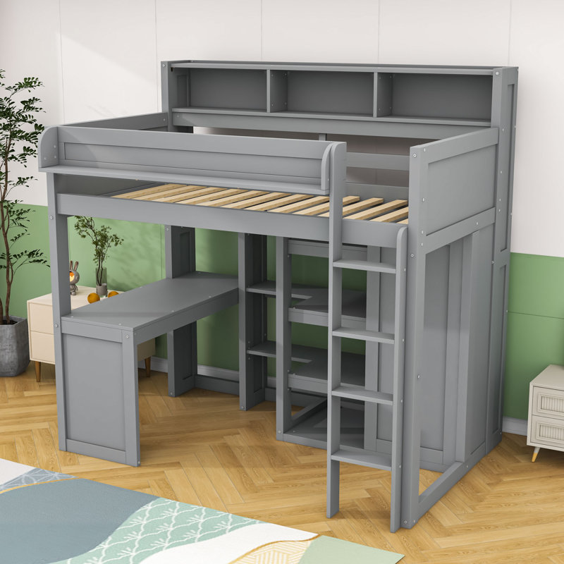 Lit mezzanine simple en bois avec bureau intégré, armoire de rangement et tablettes, Gris