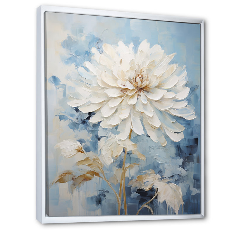 Fleur de dahlia blanc et bleu minimalisme II - imprimé, Cadre flottant blanc, H 44 po x l 34 po