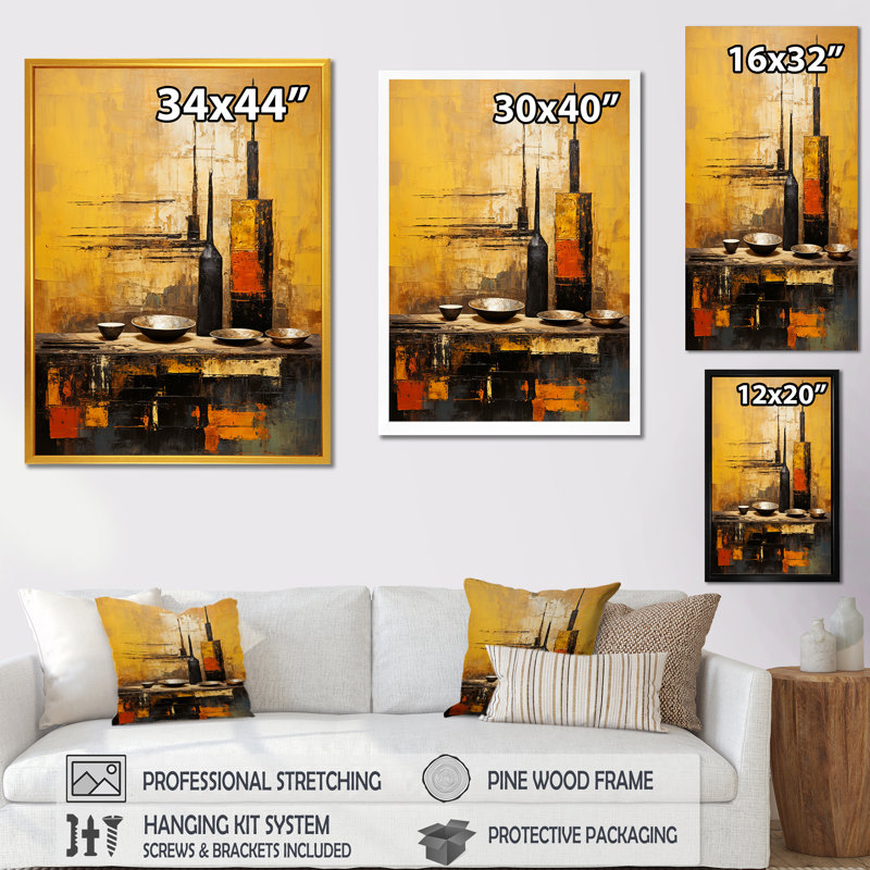 Art mural jaune, poterie élégante jaune, Cadre flottant noir, H 20 po x l 12 po x P 1 po