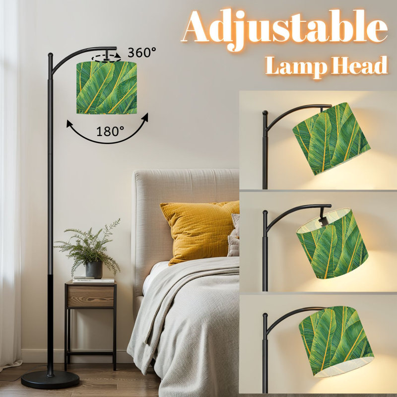 Arc Floor Lamp with Adjustable Lampshade tropical banana palm leaf black whites Standing Lamp 3 Color Temperatures Dimmable Tall Pole Lamp with Foot Switch for Bedroom