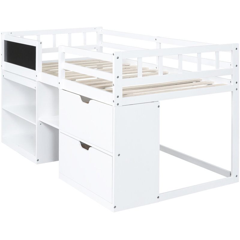 Lit mezzanine simple bas blanc avec bureau, tablette, tiroirs - Qualité de fabrication solide et bureau en bois pour un espace de chambre fonctionnel