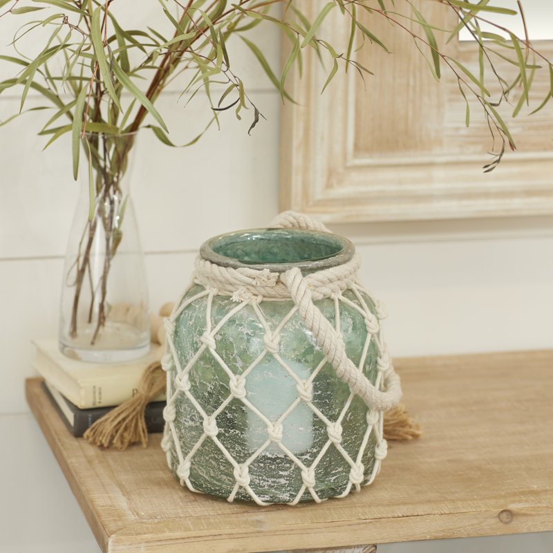 Glass Tabletop Candle Lantern, Aqua Blue, 15" H x 7" W x 7" D