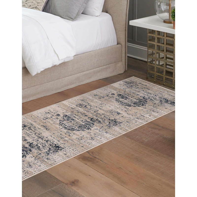 Arkeen Oriental Dark Blue/Beige/Ivory/Gray Area Rug, Runner 2'7" x 10'