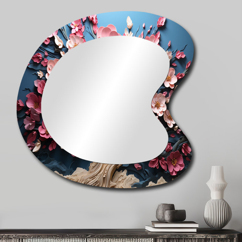 «Sayachith Dynamic White and Pink Petals Tree I», miroir asymétrique, miroir mural unique de forme irrégulière rose, impression sur métal