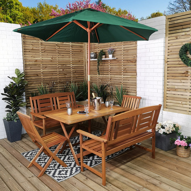Patio Dining Set with, 6 Pieces: Table, 2 Benches, 2 Chairs, Umbrella