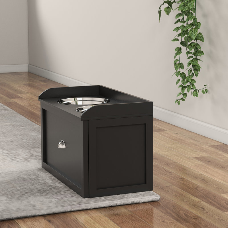 Black Elevated Dog Feeding Station with Storage Drawer and Stainless Steel Bowls