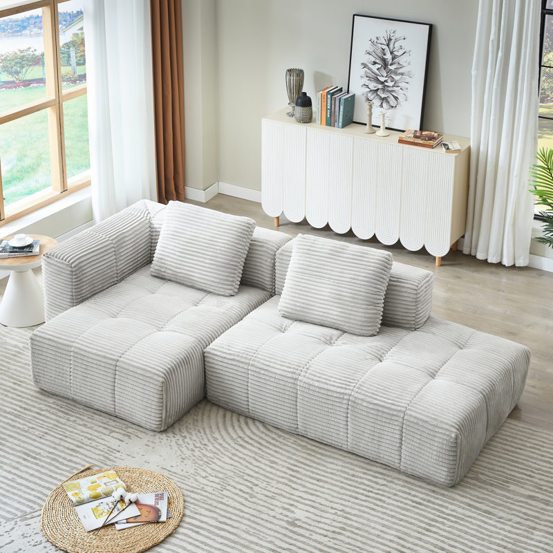 L-Shape Modular Compressed Couch, 3 Cloud Sectional With Chaise Lounge, Corduroy Upholstered For Apartment, Comfortable Spring Cushions, Modern Minimalist Atmosphere, Grey, No Assembly Required