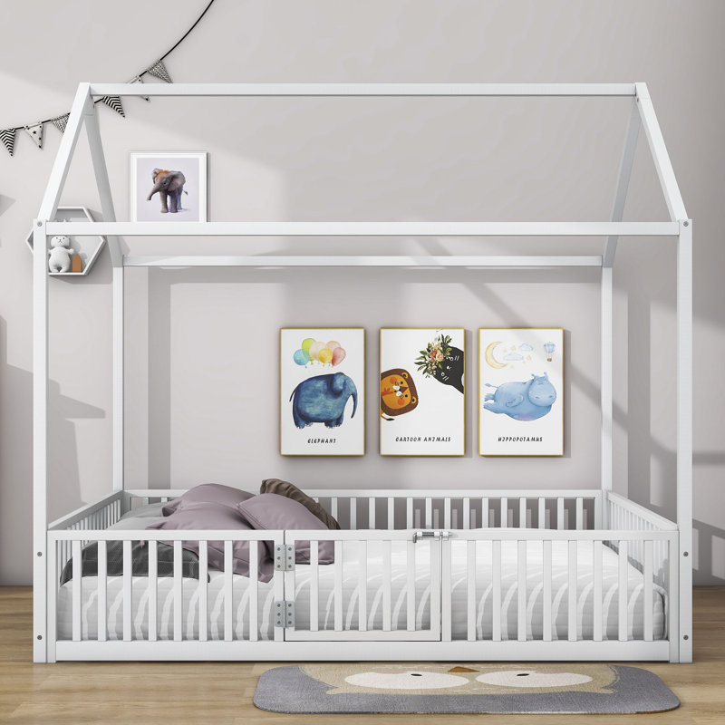 Metal House Bed With Fence, Twin, White