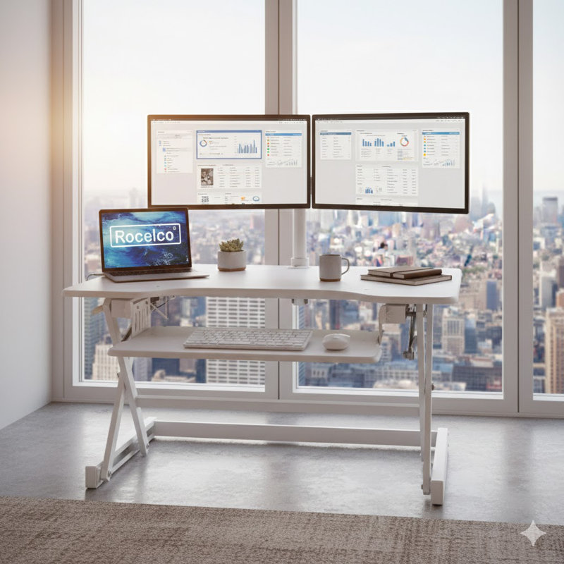 32 in. White Height Adjustable Standing Desk Converter Dual Monitor Riser with Gas Spring Assist Mechanism, White/White