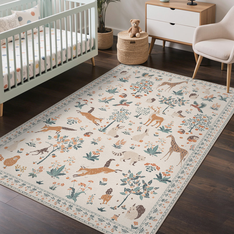 Alcoa Floral and Animal Print Performance Machine Washable Area Rug, Rectangle 5' x 7', Beige