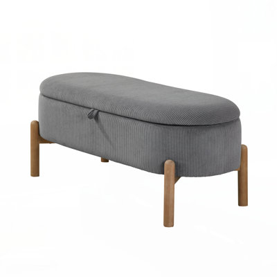 Storage Bench Gray Cushioned Seat Corduroy Upholstery Lift Top Solid Wood Legs 1pc
