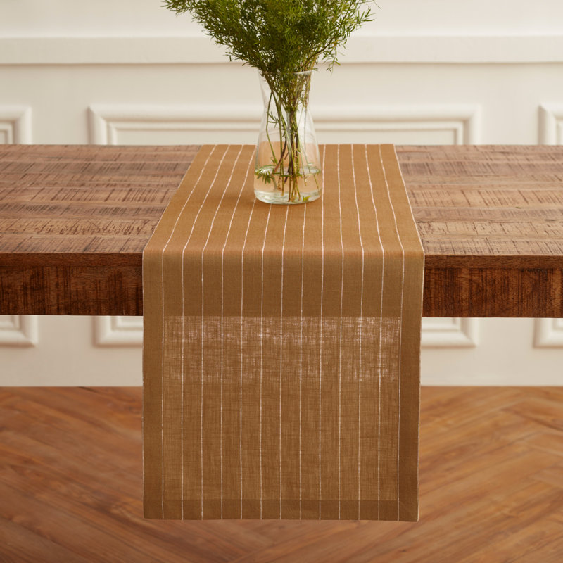 Pinstripe - 100% Pure Linen Table Runner, 60" x 14", Camel/White