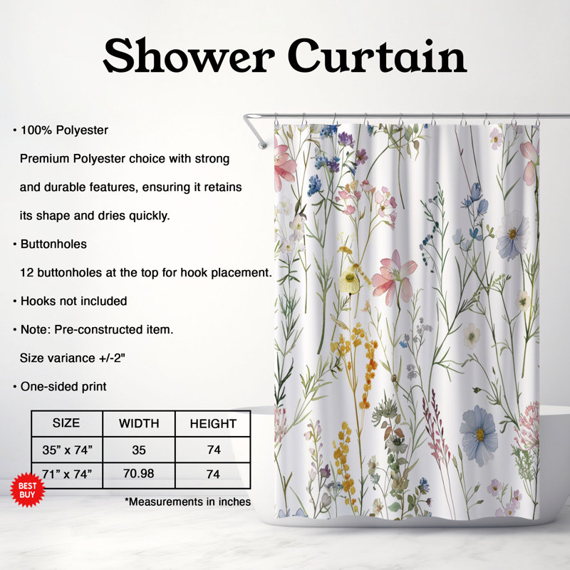 Rideau de douche 1 pièce Soft Meadow Blooms, H 74 po x l 71 po