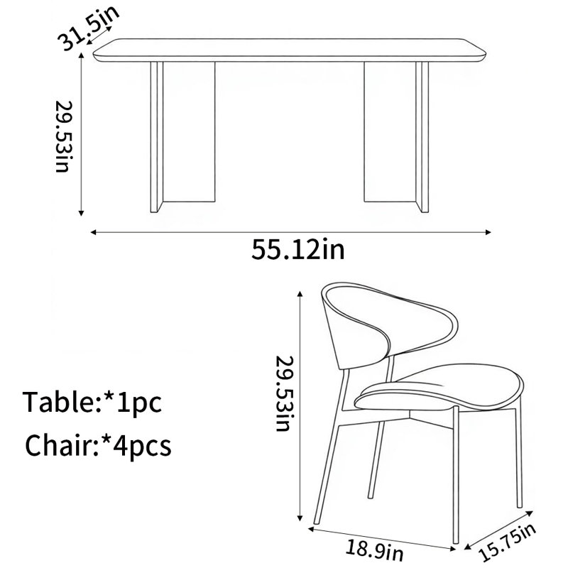Ensembles de table à manger élégants et classiques, 5 pièces: table, 4 chaises, H 29,53 po x l 55,12 po x P 31,5 po