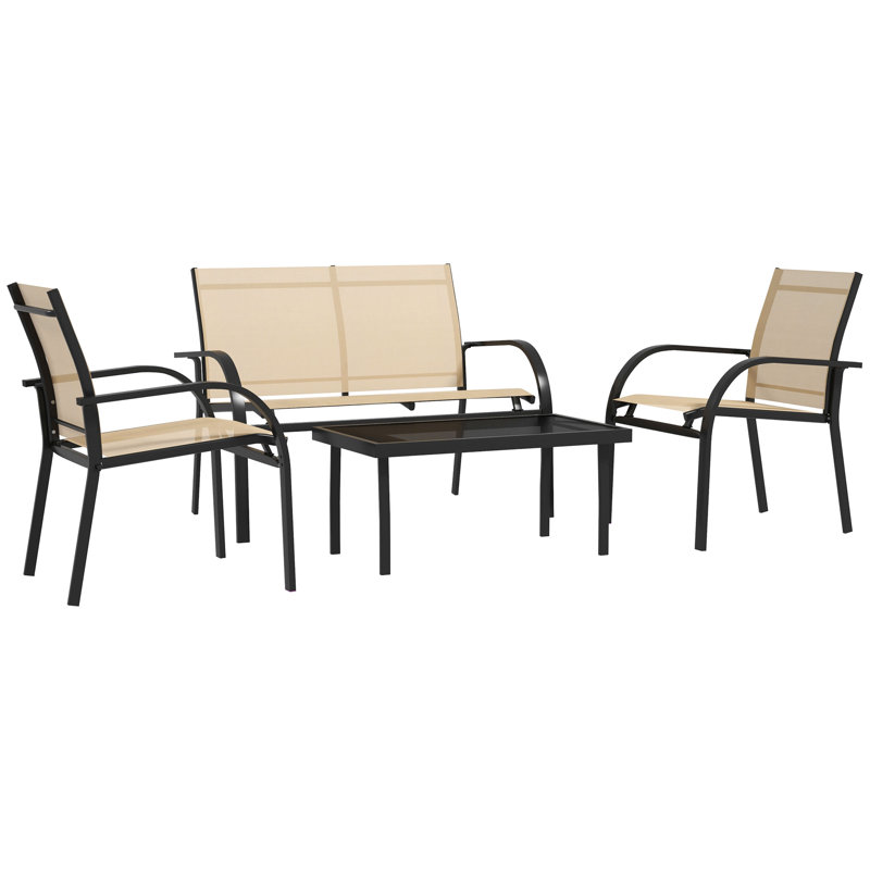 Anjuma 4 Pcs Curved Steel Outdoor Furniture Set w/Loveseat, Beige