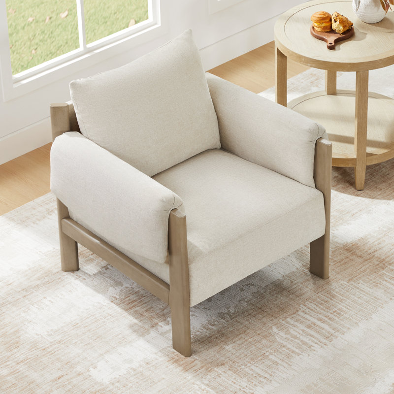 Melksham 33.26'' W Mid-Century Accent Chair, Light Oak, Linen Performance Basketweave