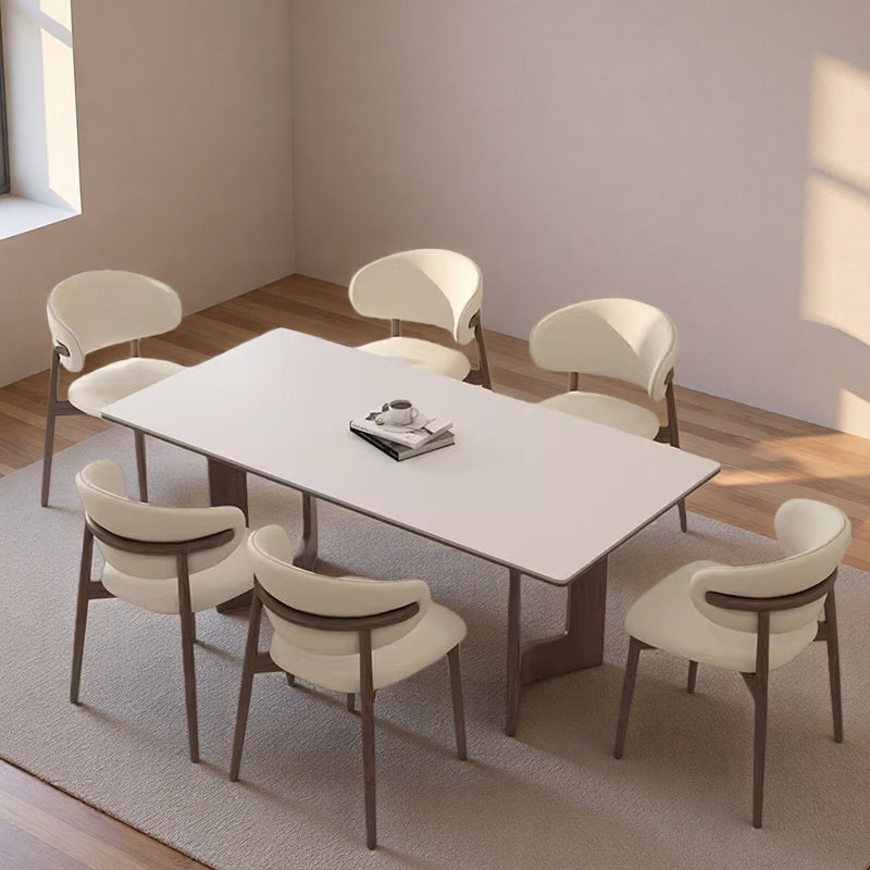 Table de salle à manger en bois massif et panneau de pierre, 7 pièces : table, 6 chaises, H 29,5 po x l 63 po x P 31,5 po