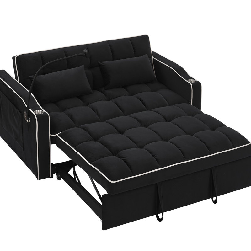 Lit moderne en velours avec dossier réglable, bâbord, cendrier, support pour téléphone rotatif et 2 coussins (accessoires de dossier / téléphone pliables noirs - noir