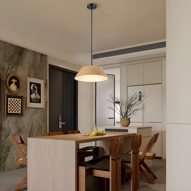 1-Light 15.7" Wide Modern Scandinavian-Style Wood-Like Pendant Lamp with Lamp Shade diffuser, Wood Grain