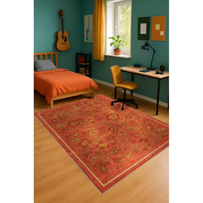 Tapis beige tissé à motif floral lavable Mosso, 2' x 2'11"