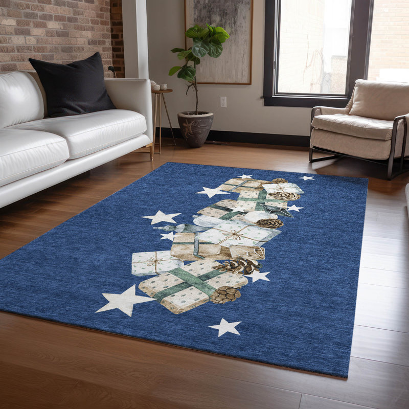 Tapis bleu marine lavable à la machine intérieur / extérieur Xhevrie, Rectangle 10 pi x 14 pi