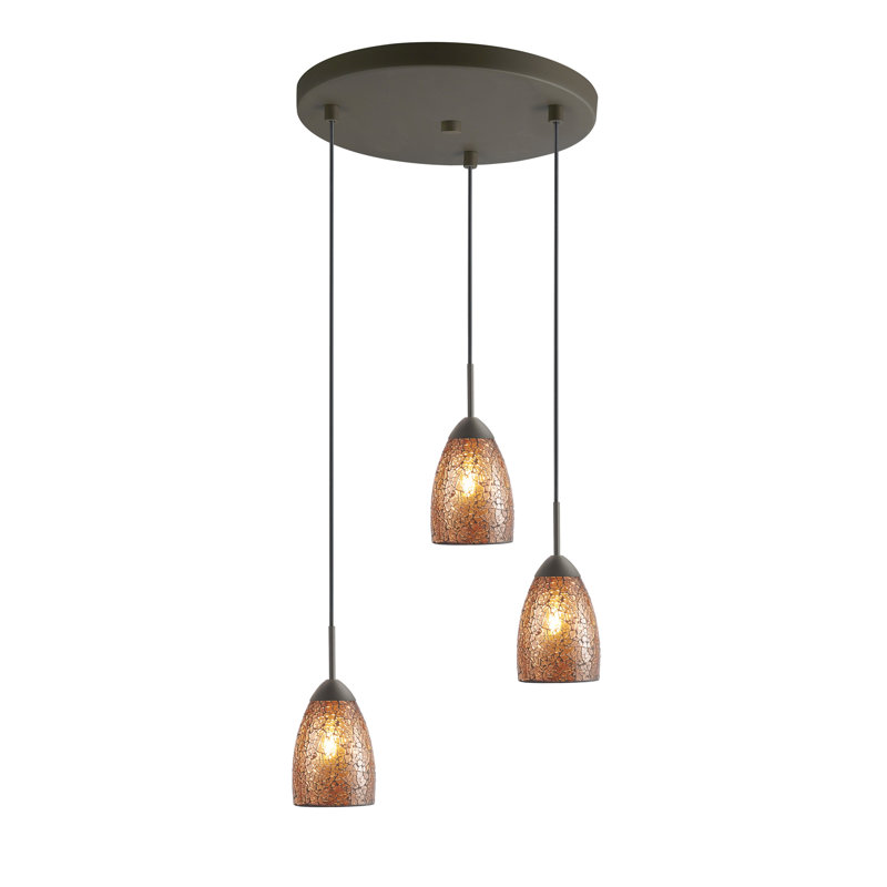 Luminaire suspendu grappe 3 lumières Isaak, Mosaïque ambrée, Bronze