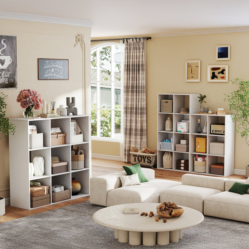 9-Cube Bookcase, Decorative Storage Shelf, White, (9 Shelves) 35.24"H x 35.94"W x 11.61"D