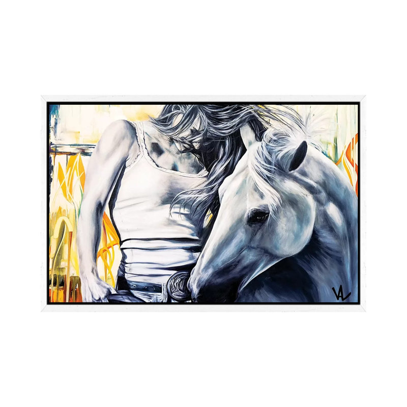 The Winning Horse by Val Escoubet - Painting on Canvas, 45.72cm H x 66.04cm W x 3.81cm D, White Framed