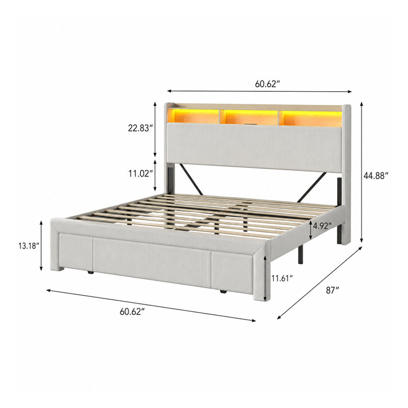Grand lit plateforme tapissier avec tiroirs de rangement et tête de lit rembourrée, velours côtelé beige