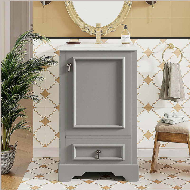 Meuble-lavabo de 20 po avec lavabo en céramique, armoire de salle de bain avec tiroir et porte, Gris