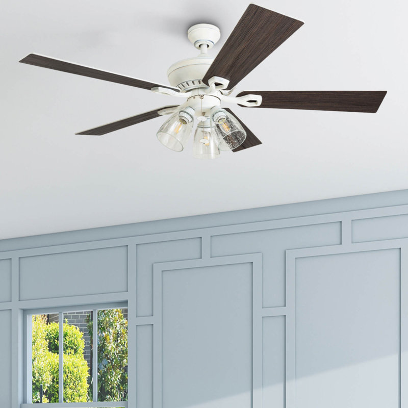 Glenmont 52" Farmhouse Ceiling Fan with LED Light, Distressed White with Natural Oak Blades