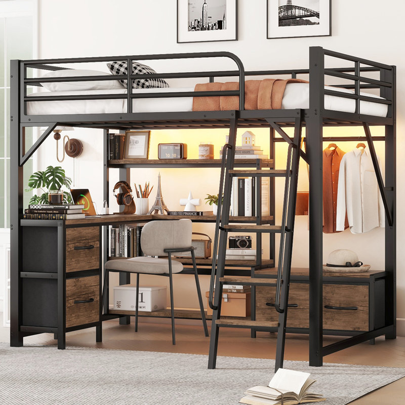 Lit mezzanine double en métal avec bureau et garde-robe, avec lumières DEL, cadre robuste pour station de charge, rangement pour garde-robe