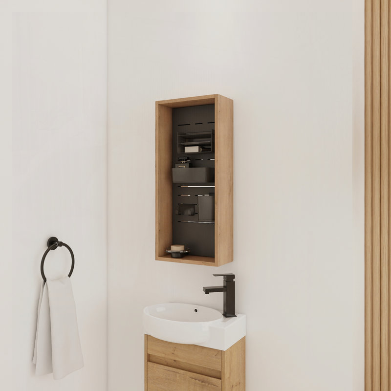 12" Wall Mounted Storage Cabinet without door, Storage Cabinet with 4 DIY Accessories-Frosted Plastic Bins & Hooks