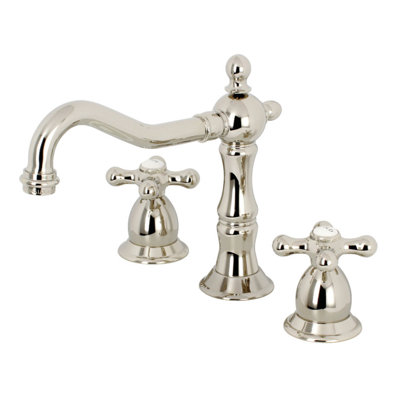 Kingston Brass Heritage Two-Handle 3-Hole Deck Mount Widespread Bathroom Faucet with Brass Pop-Up Drain, Polished Nickel