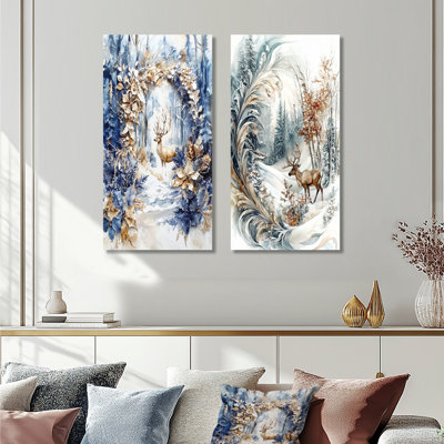 Ensemble de 2 pièces d'art mural blanc et bleu en bois de Noël I - Christmas Santa Deer