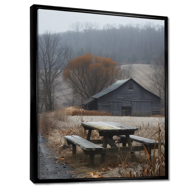 Grey Bench Winter Country Charm Barn - Barn Wall Art Print, Black Floater Framed Canvas, 44" H x 34" W x  1.5" D