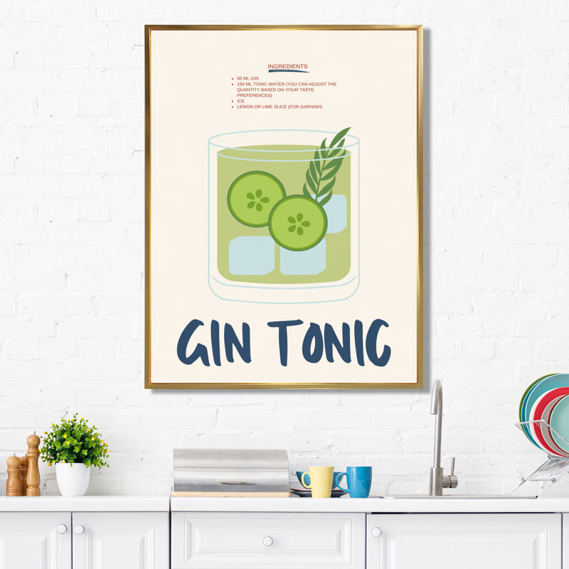 Gin & Tonic In A Rocks Glass II - Art mural cocktails, H 32 po x l 24 po, Cadre flottant doré