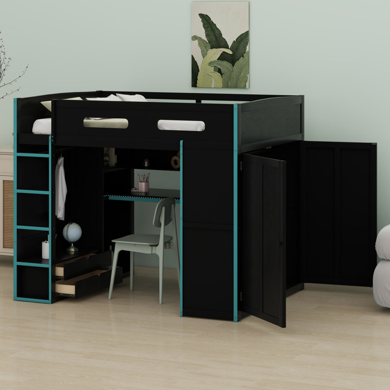 Lit mezzanine en bois avec bureau, garde-robe, grand espace de rangement et lumière DEL RVB, Bleu nuage