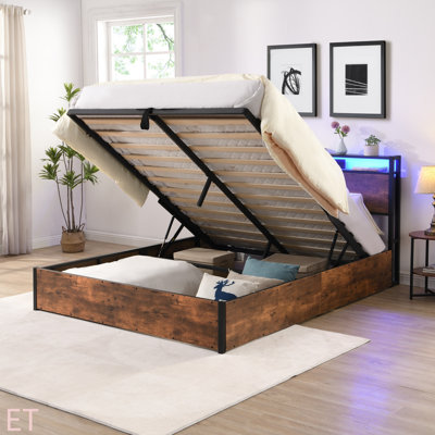 Lift-Up Storage Bed Frame, Bed Frame With Bookcase Headboard & LED Lights, Wooden Platform Bed Frame With Charging Station, No Spring Box Needed