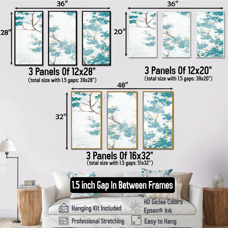 Teal Cherry Blossoms II - ensemble d'art mural sur toile encadré traditionnel de 3, H 32 po x l 48 po x P 1 po, Cadre doré